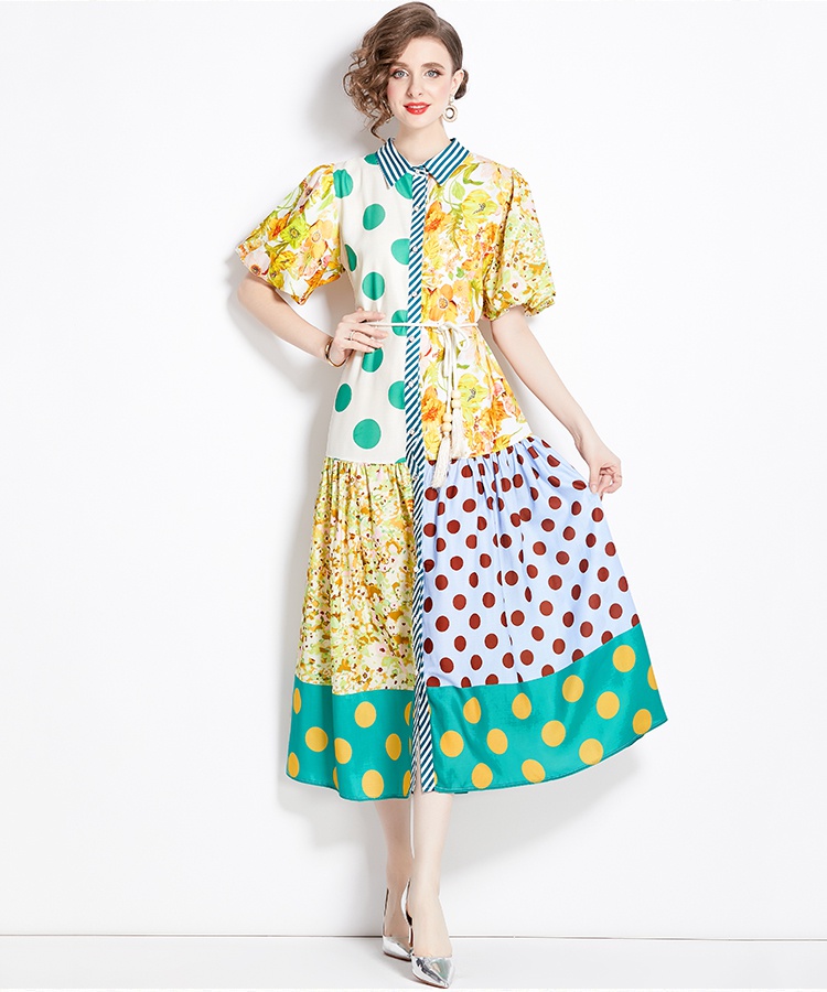 Cotton linen retro long dress spring printing dress