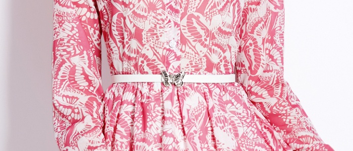 Slim butterfly printing dress long sleeve spring lined belt