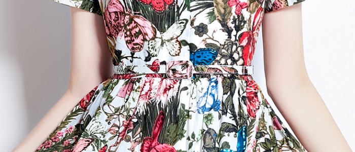 Lined slim spring butterfly short sleeve ink dress