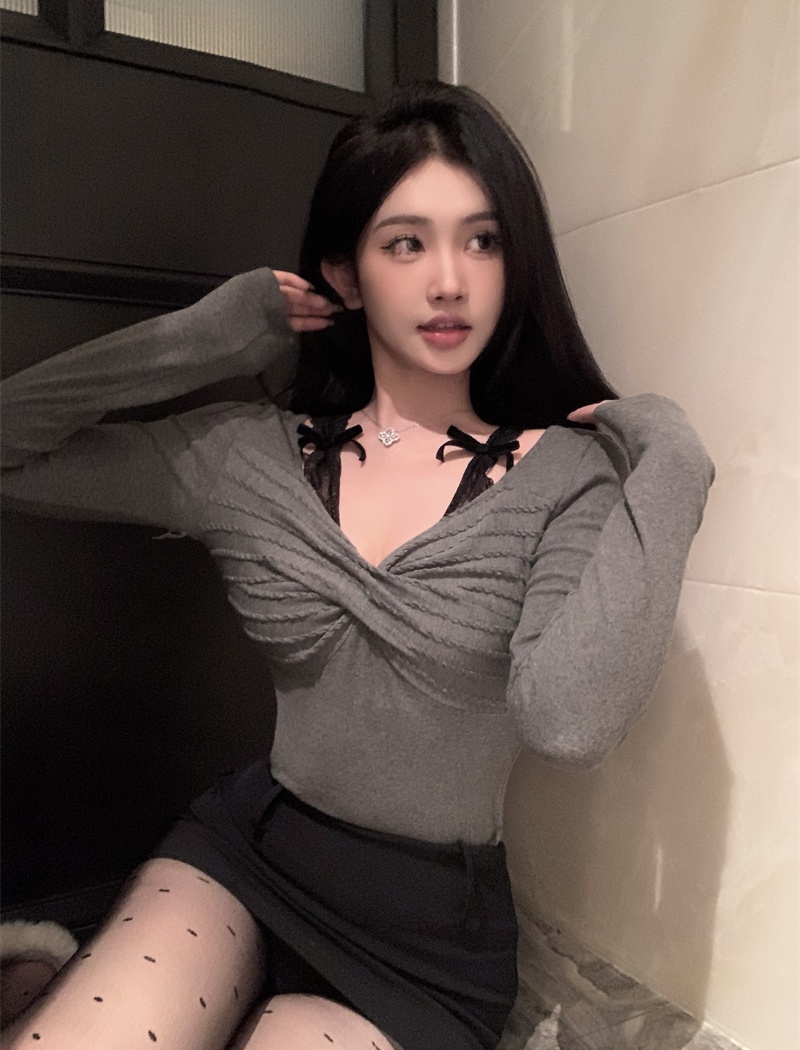 Knitted bow retro pinched waist bottoming tops