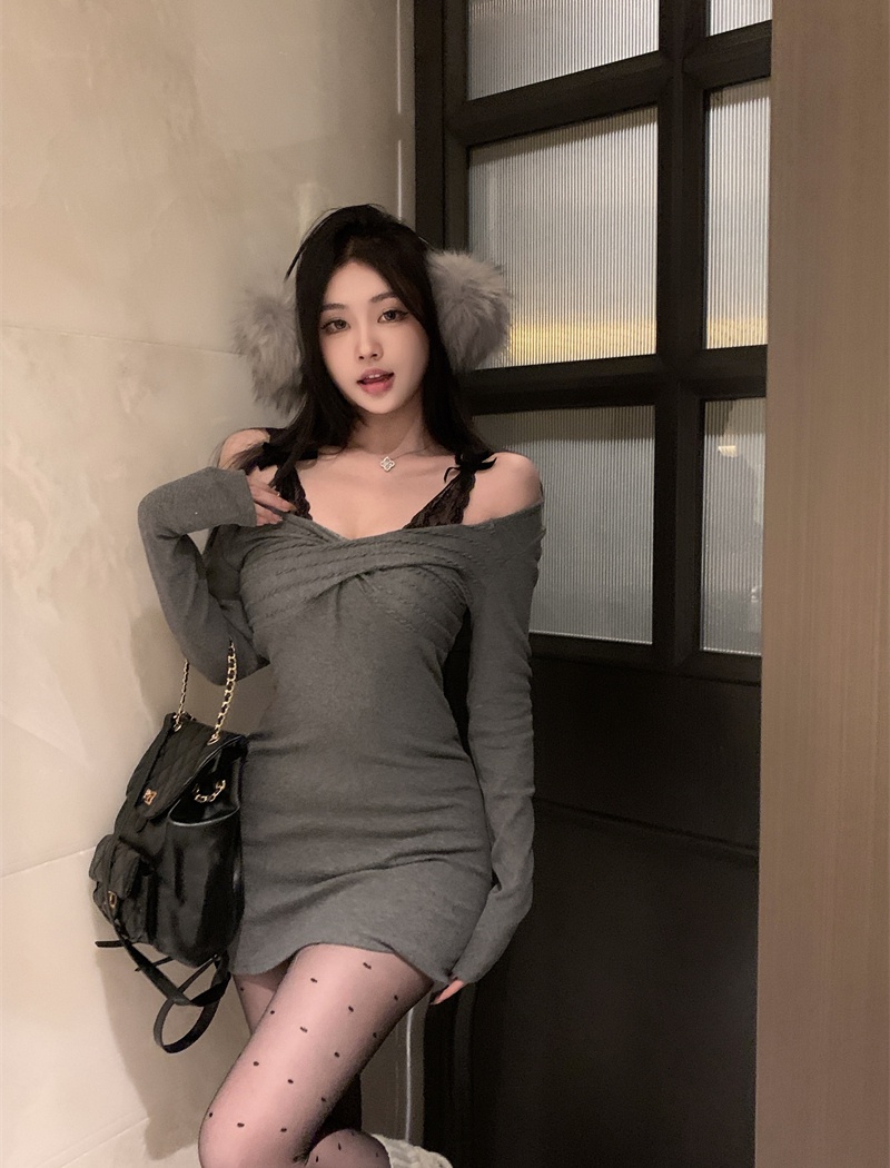 Bow pinched waist knitted bottoming retro dress