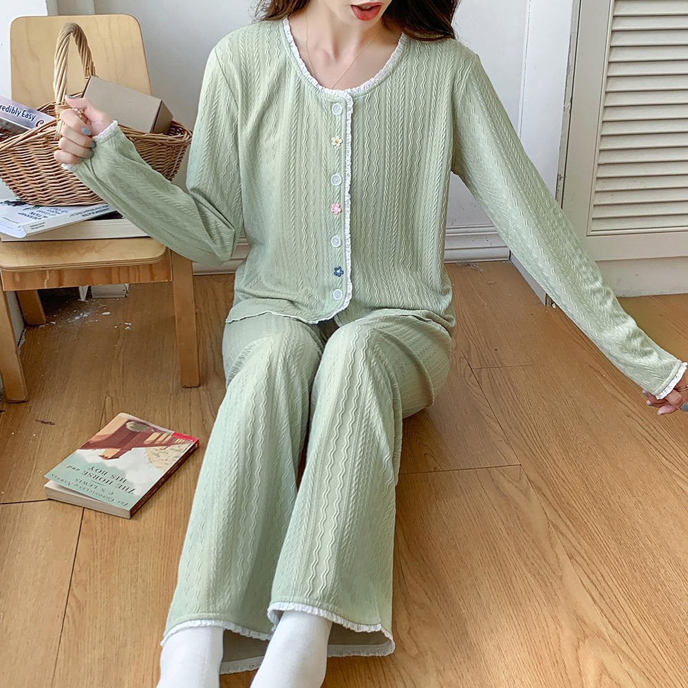 Green cardigan autumn pajamas a set for women