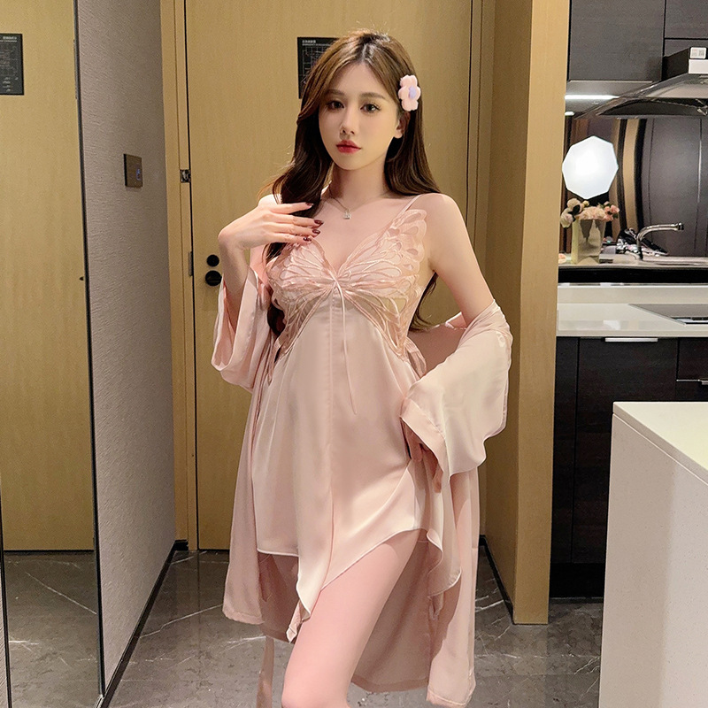 Lace with chest pad night dress ice silk pajamas 2pcs set for women