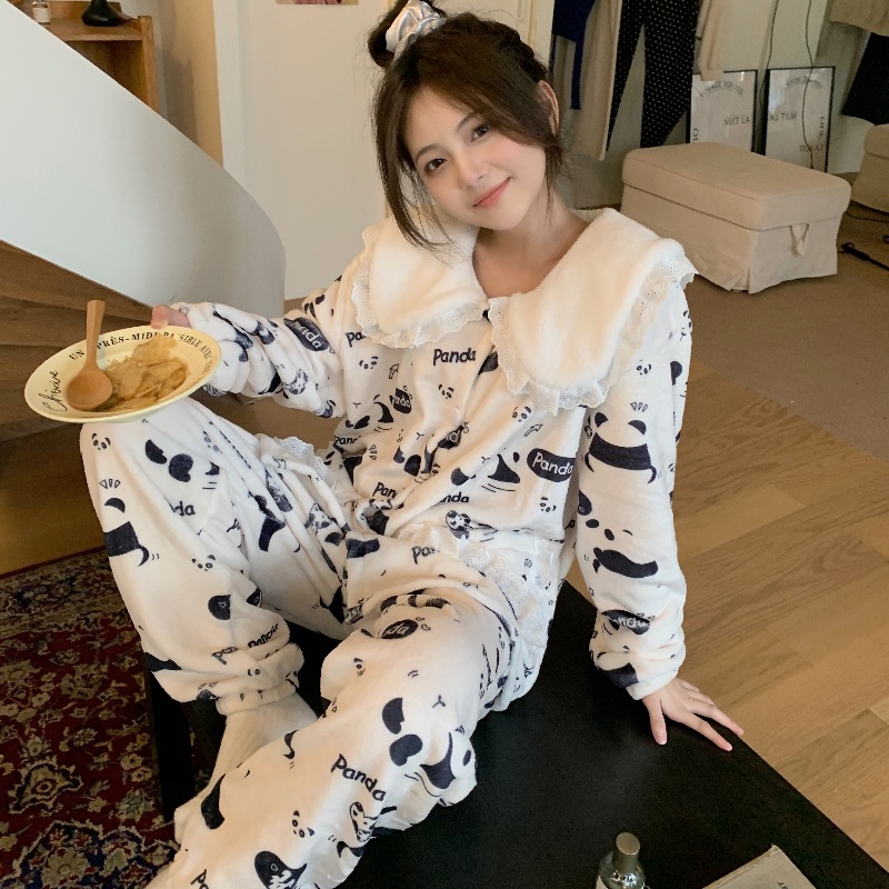 Sweet flowers thick plush winter pajamas a set for women
