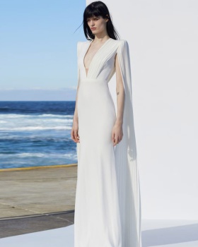 V-neck sleeveless long dress white formal dress for women