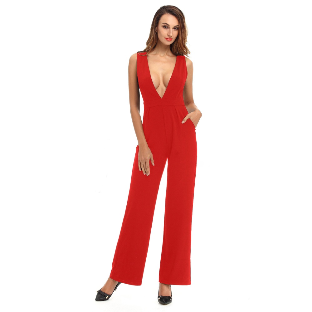 Spring and summer jumpsuit V-neck casual pants for women