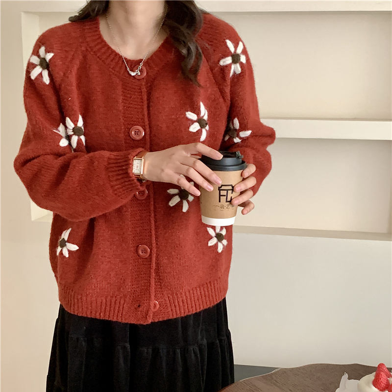 Retro loose Korean style tops flowers embroidery sweater