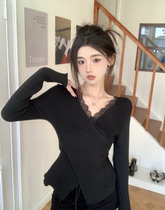 Stitching cross V-neck lace slim knitted bottoming shirt