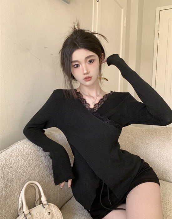 Stitching cross V-neck lace slim knitted bottoming shirt