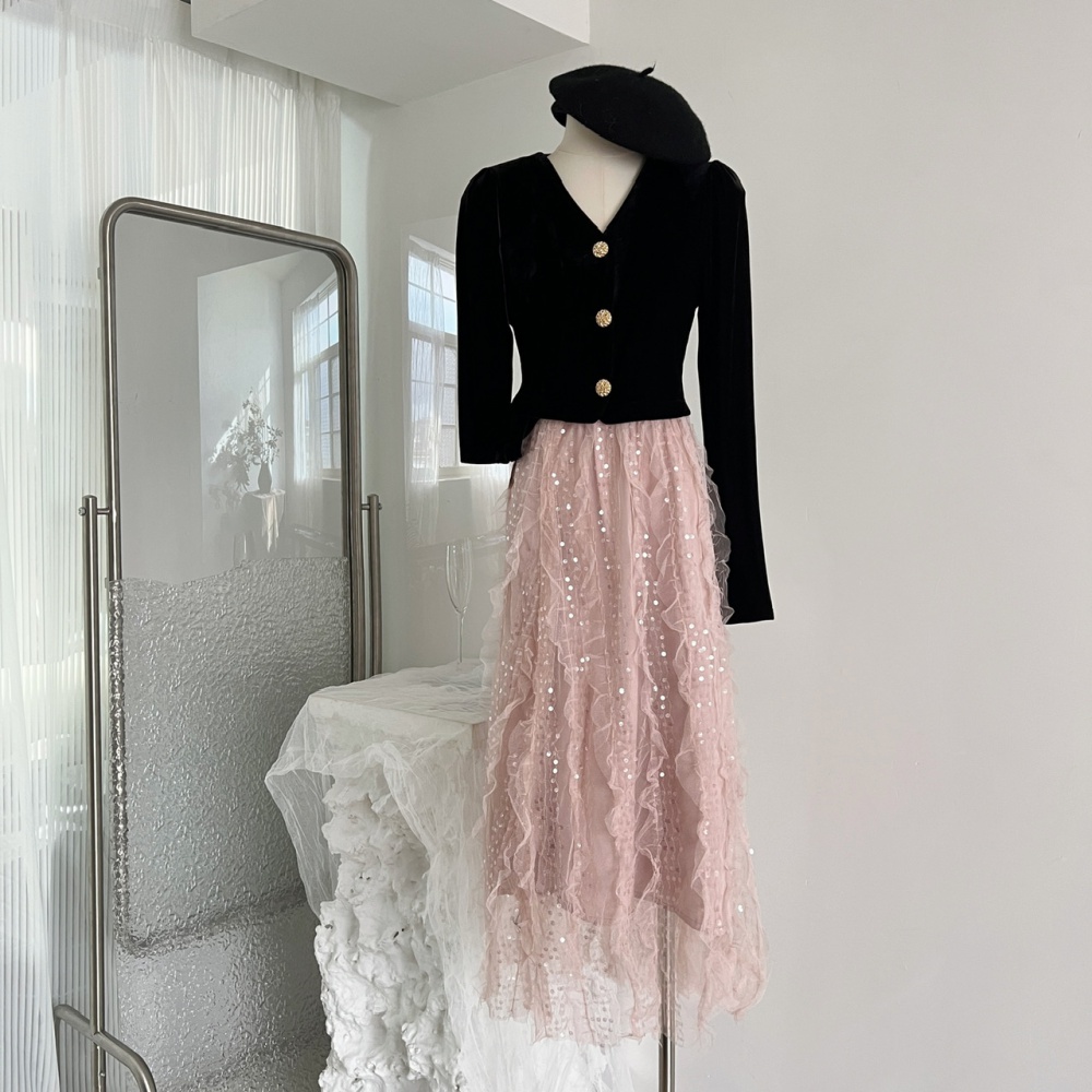 Winter lace retro short skirt party sequins tops a set