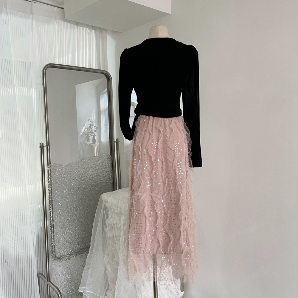 Winter lace retro short skirt party sequins tops a set