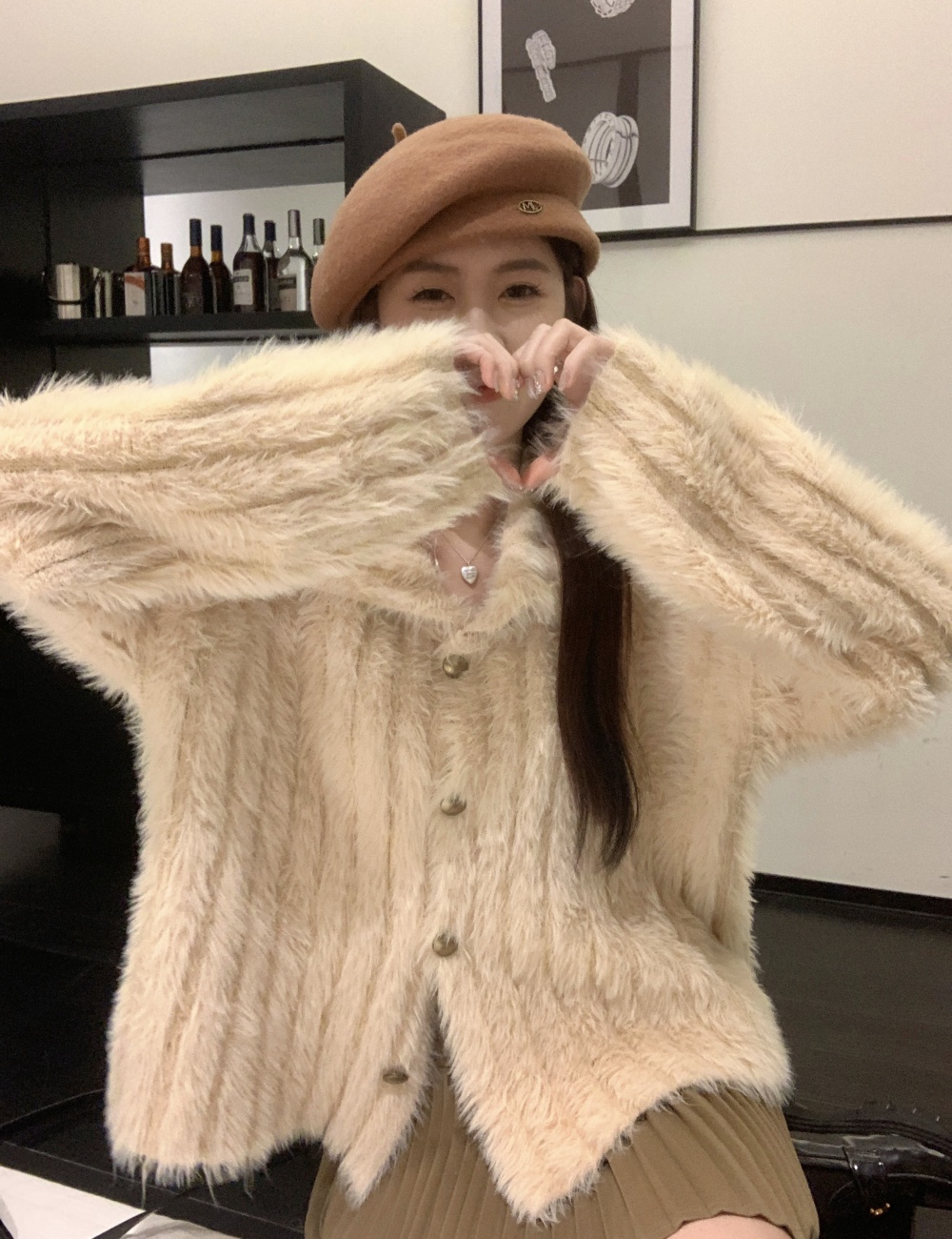 Lapel hairy winter loose tops Casual pure thermal sweater