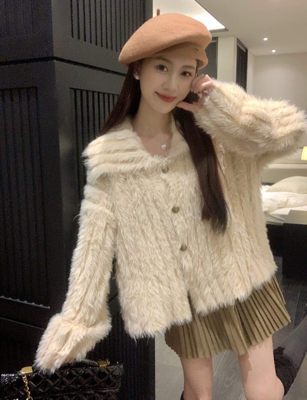Lapel hairy winter loose tops Casual pure thermal sweater