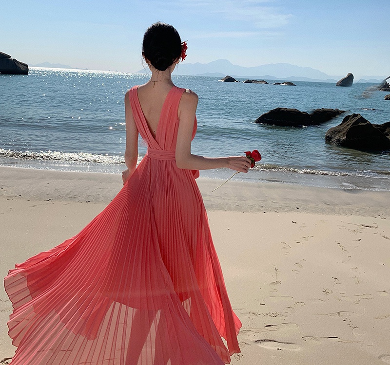 Crimp chiffon vacation long dress seaside big skirt dress