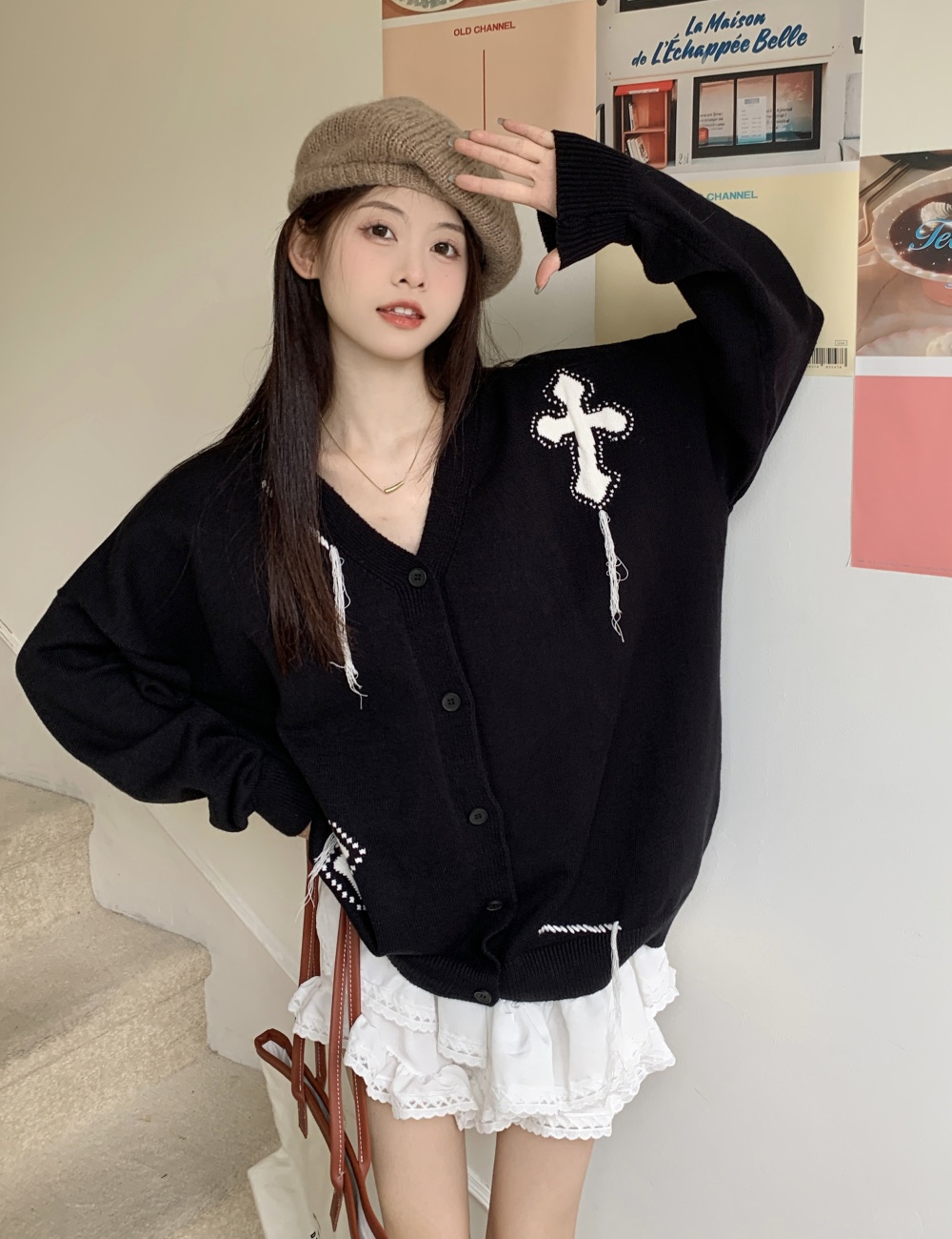 Black temperament lazy cardigan tassels retro sweater