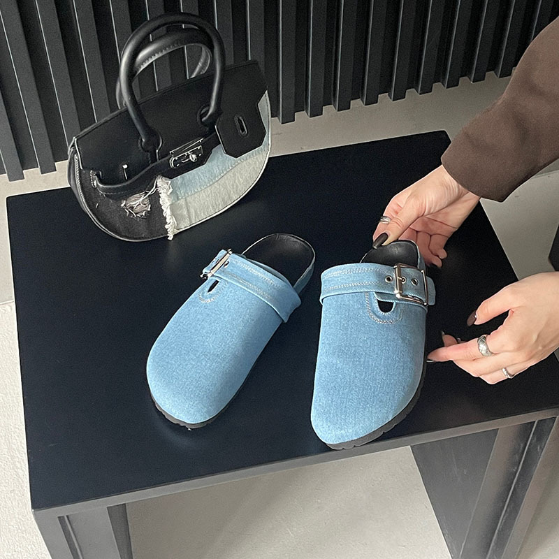 High-heeled flat spring slippers hasp round belt