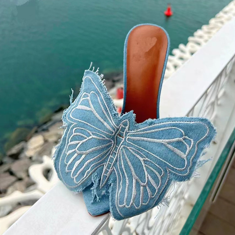 Denim sexy fashion slippers butterfly high-heeled stilettos