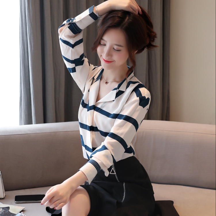 Real silk cstand collar spring stripe shirt for women
