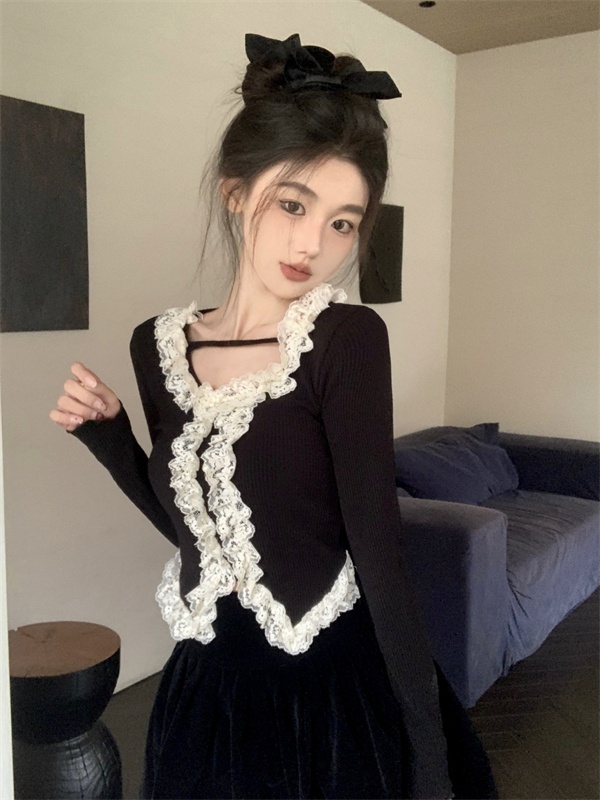 Knitted splice T-shirt spring and summer France style tops