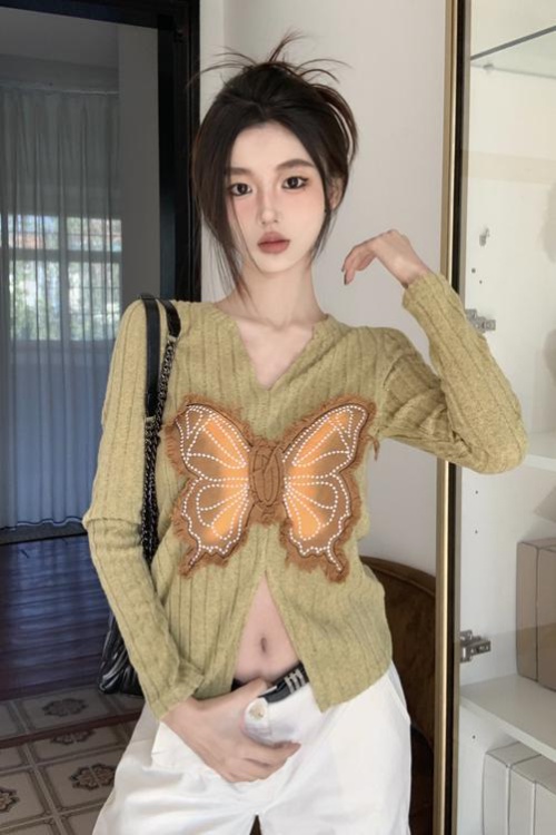 Spring and summer butterfly slim splice mixed colors tops