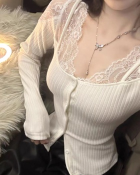 White temperament lace tops knitted sexy cardigan for women