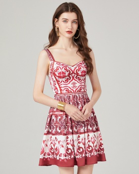 High waist slim spring and summer splice sling printing dress