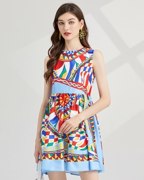 Summer printing round neck high waist big skirt dress