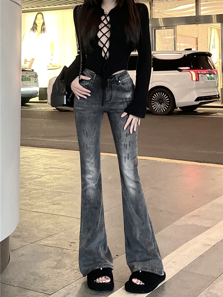 Fashion high waist jeans holes flare pants for women