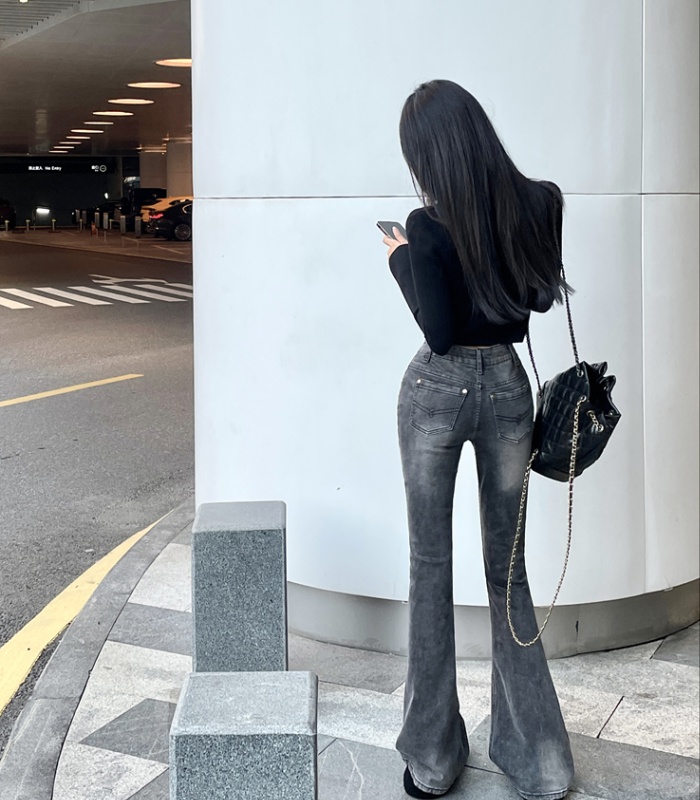 Fashion high waist jeans holes flare pants for women