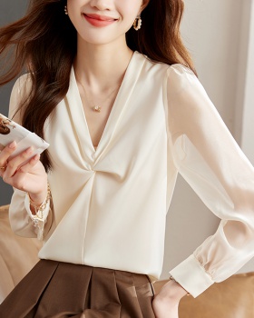 Spring V-neck shirt Korean style splice tops for women