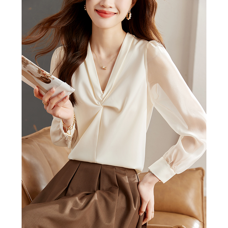 Spring V-neck shirt Korean style splice tops for women