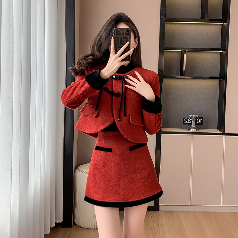 Red woolen coat retro skirt 2pcs set for women