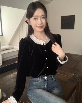 Velvet retro Korean style pearl temperament tops