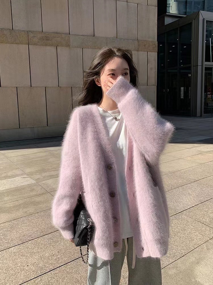 Hairy loose sweater long knitted coat for women