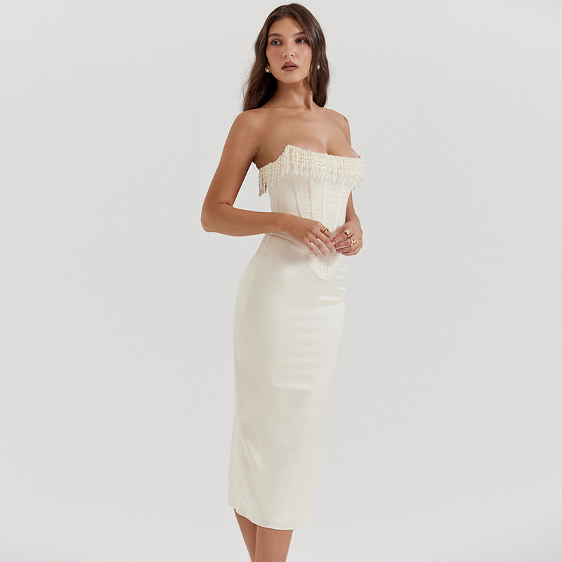 Sleeveless strapless sexy pearl pure dress