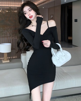 V-neck sexy slim dress spring black T-back for women