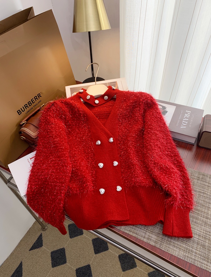 Halter beading short sweater lazy red tops for women