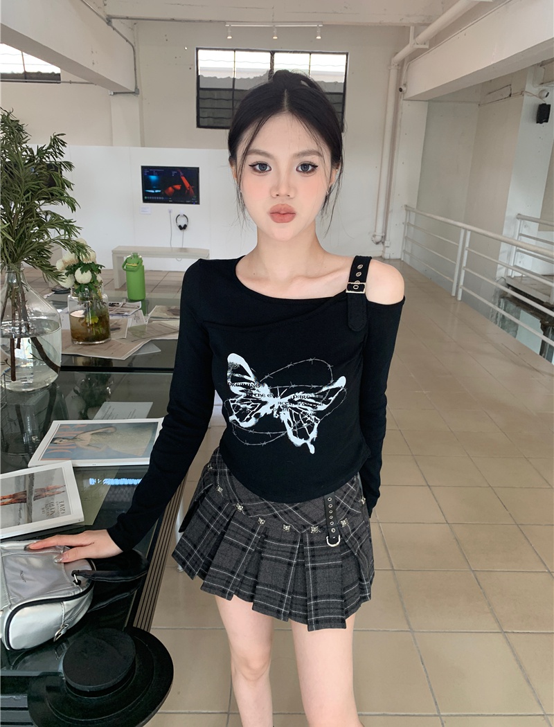 Strapless long sleeve printing butterfly T-shirt