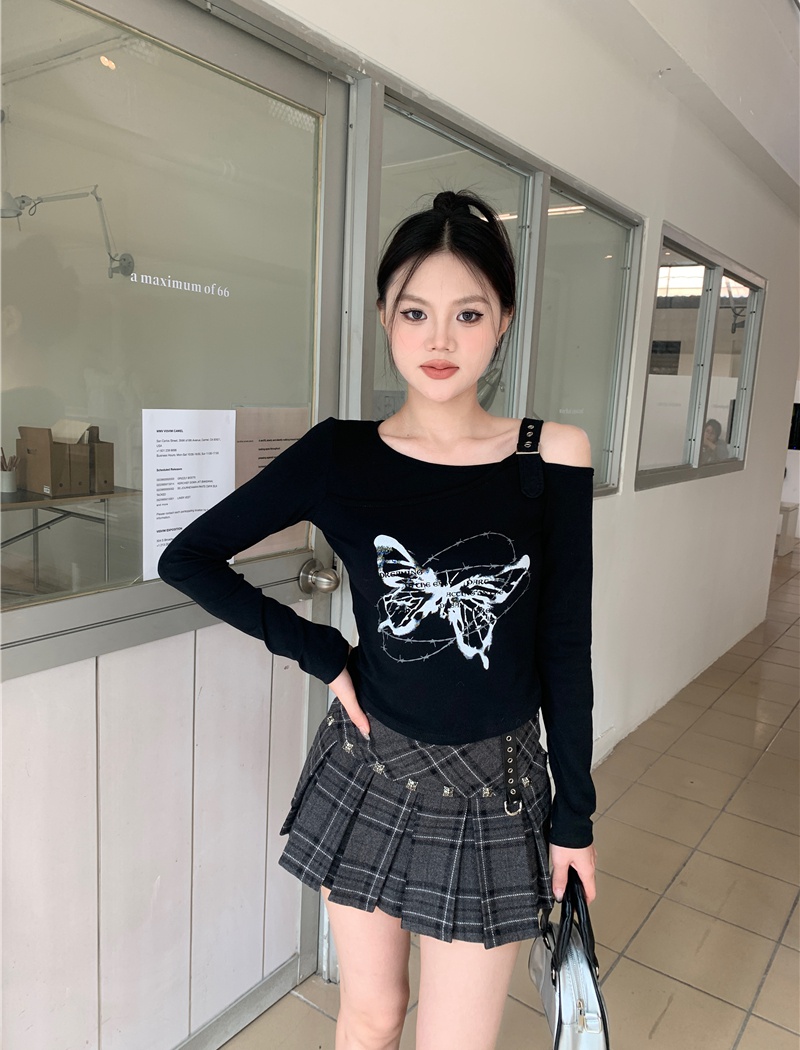 Strapless long sleeve printing butterfly T-shirt
