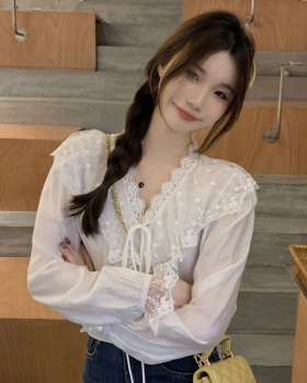 Lace spring all-match shirt sweet show young white tops