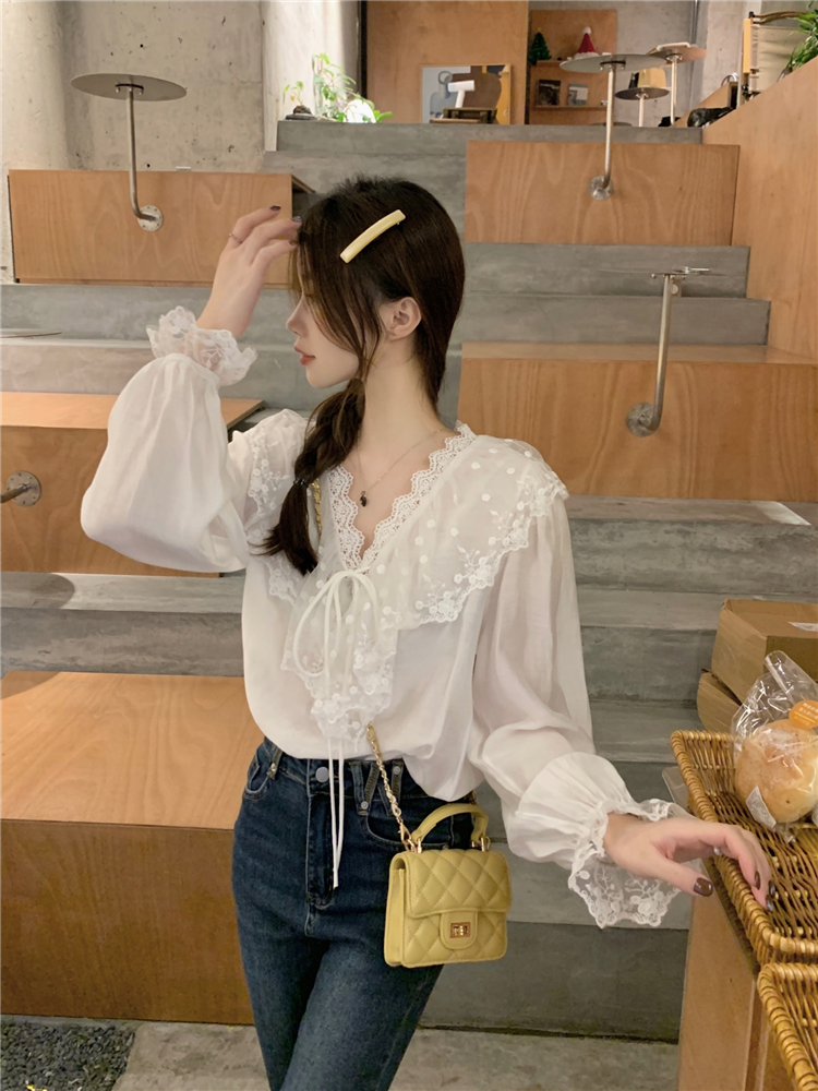 Lace spring all-match shirt sweet show young white tops