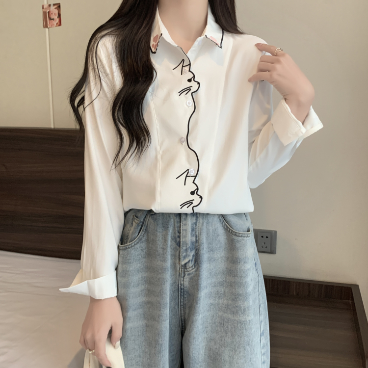 White Western style kitty embroidery college style shirt