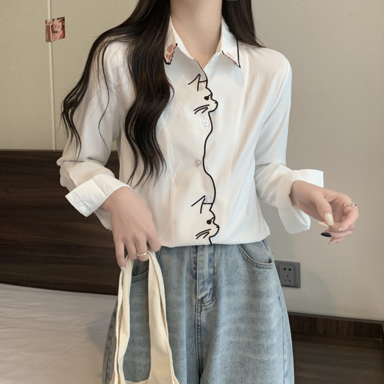 White Western style kitty embroidery college style shirt