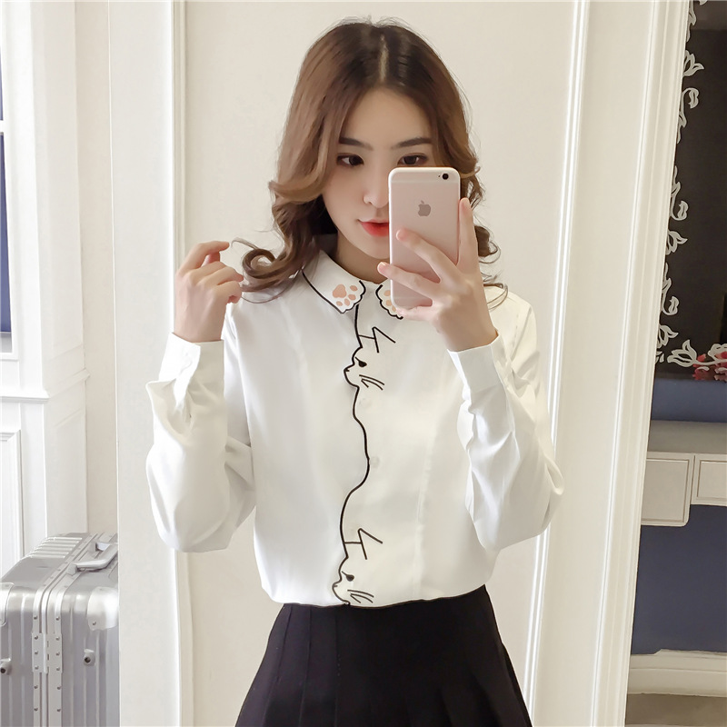 College style lovely white long sleeve embroidery shirt