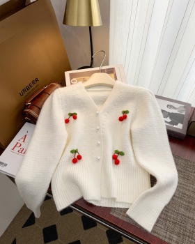 Spring V-neck sweater thick cherry decoration coat for women