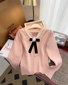 Bow retro V-neck tops knitted spring niche sweater for women