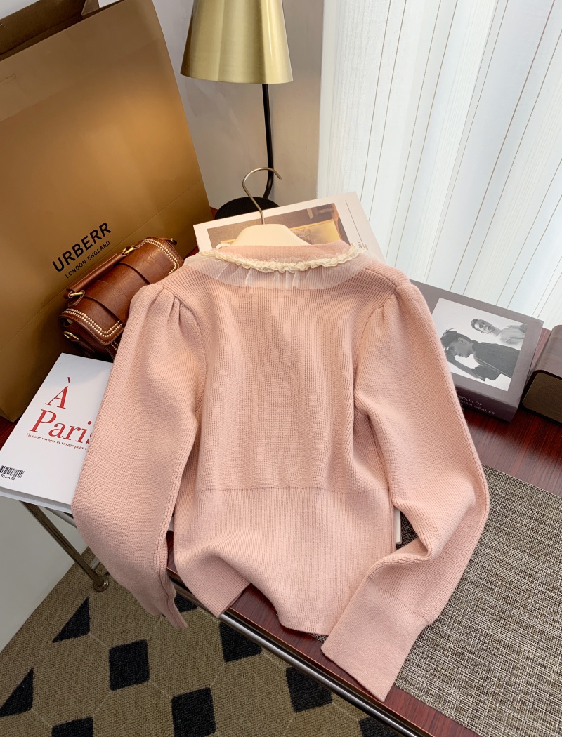 Bow retro V-neck tops knitted spring niche sweater for women