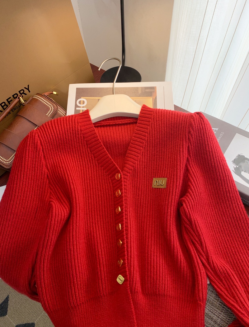 Spring red sweater V-neck fashionable scarves 2pcs set