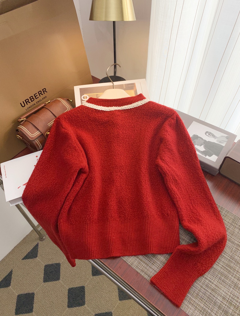 Liangsi red knitted sweater unique spring bow tops for women