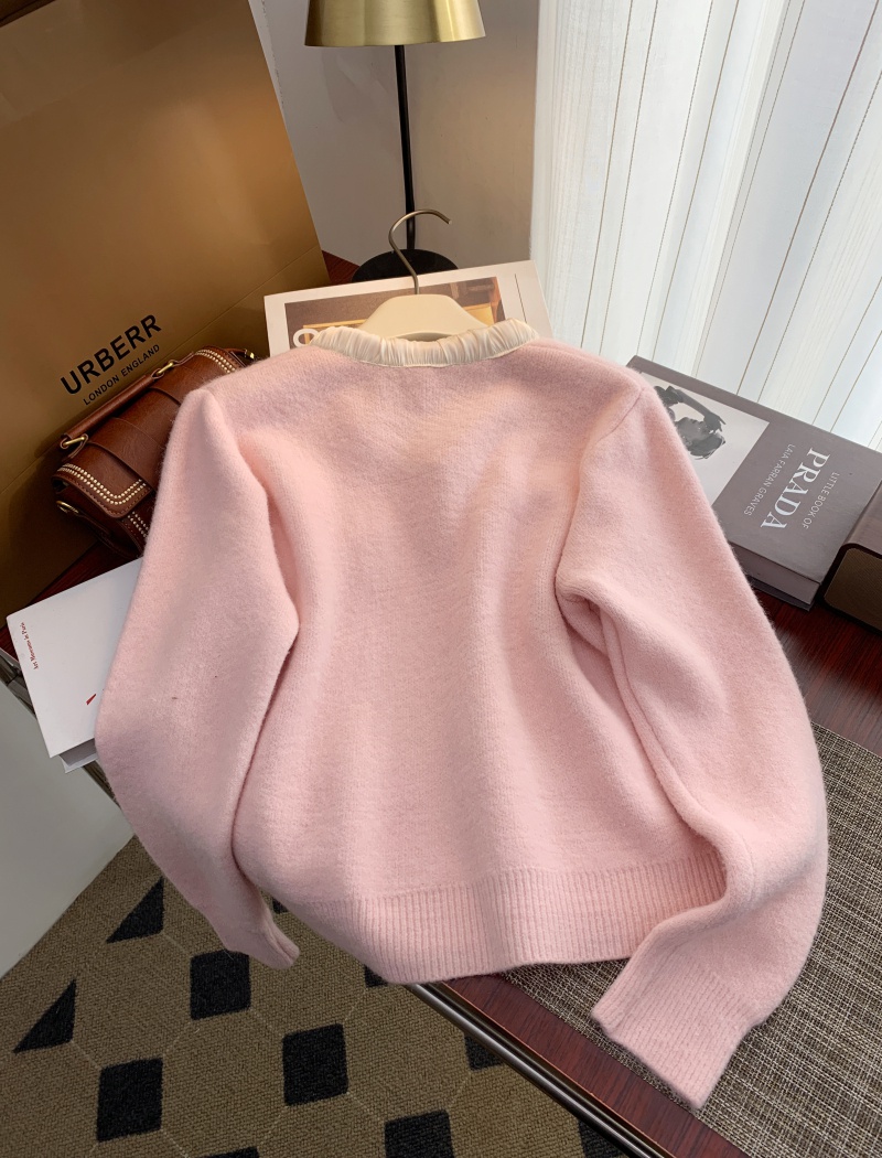 Unique spring short red round neck bow sweater for women